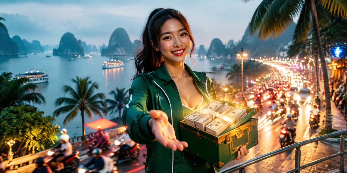Vịnh Hạ Long về đêm với ánh đèn neon phản chiếu trên mặt nước, gợi cảm giác giải trí xổ số sôi động